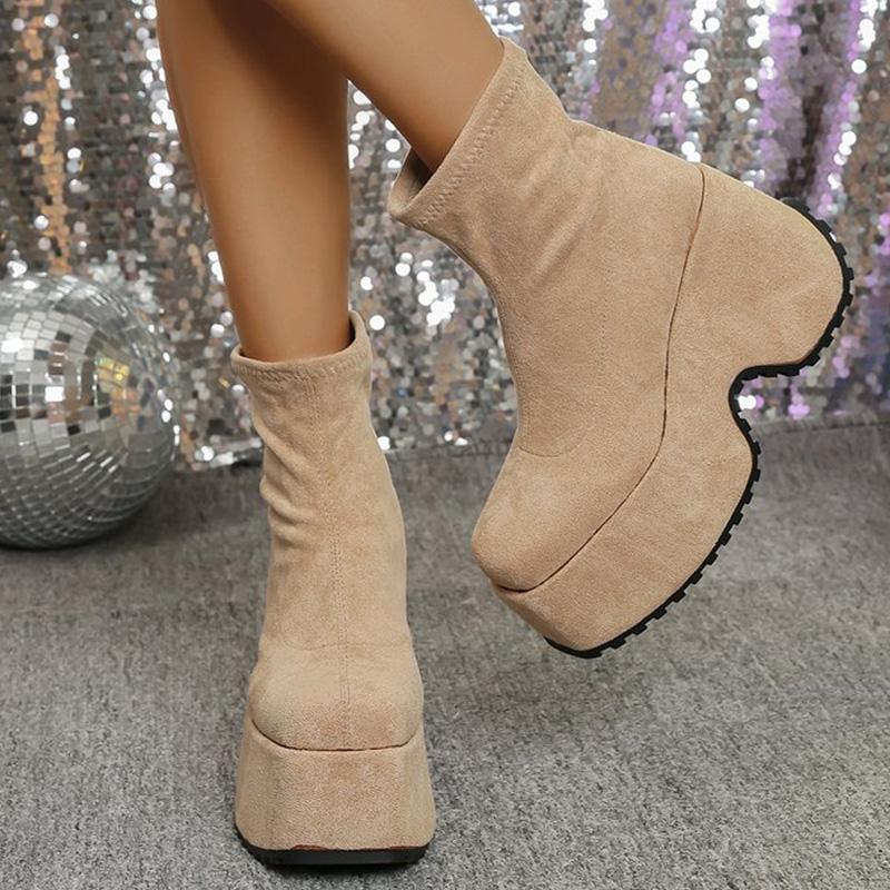 Fashion 2025 Fashion Soft Faux Suede Wedges Boots Women Solid Color Platform Ankle Boots Woman Casual Slip On Chunk Heel Booties Mujer