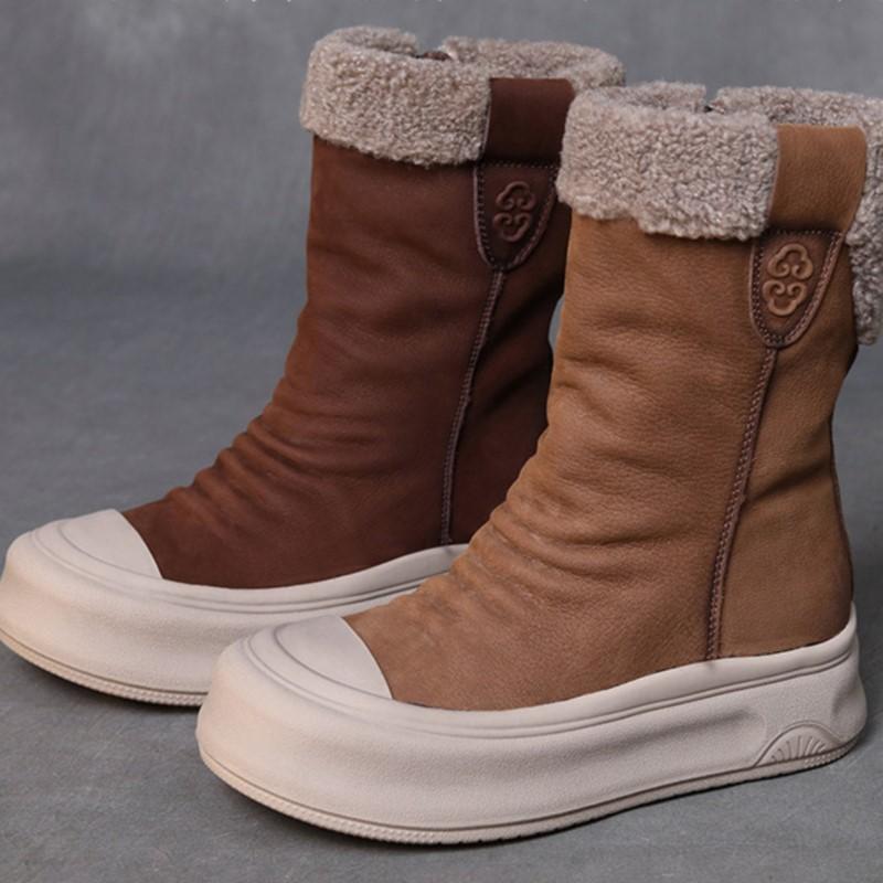 Johnature Genuine Leather Warm Plush Mid-calf Boots Casual Thick Soled Side Zipper Women's Boots