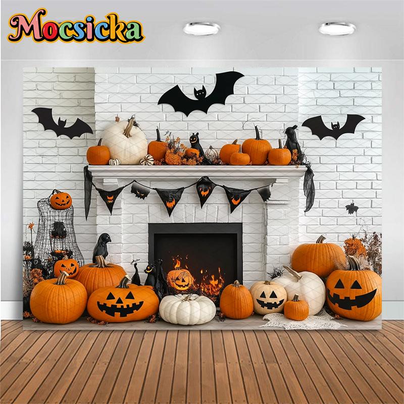 Mocsicka Halloween Photography Background White Fireplace Wall Bat Spider Web Pumpkin Party Decorations Photo Backdrop Wallpaper