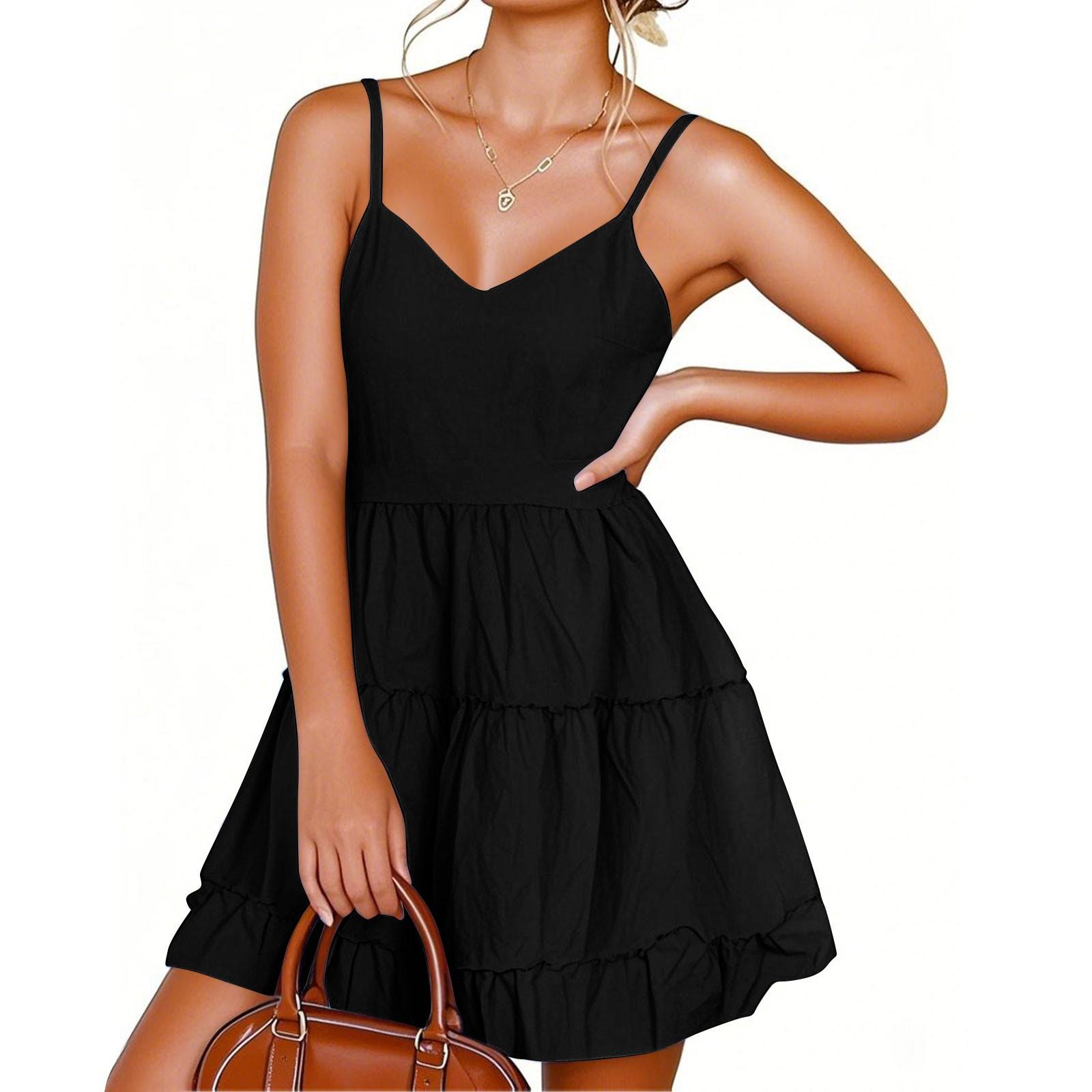 

Женское платье с V-образным вырезом, открытыми плечами, эластичная плиссированная юбка, повседневное платье со складками S чёрный