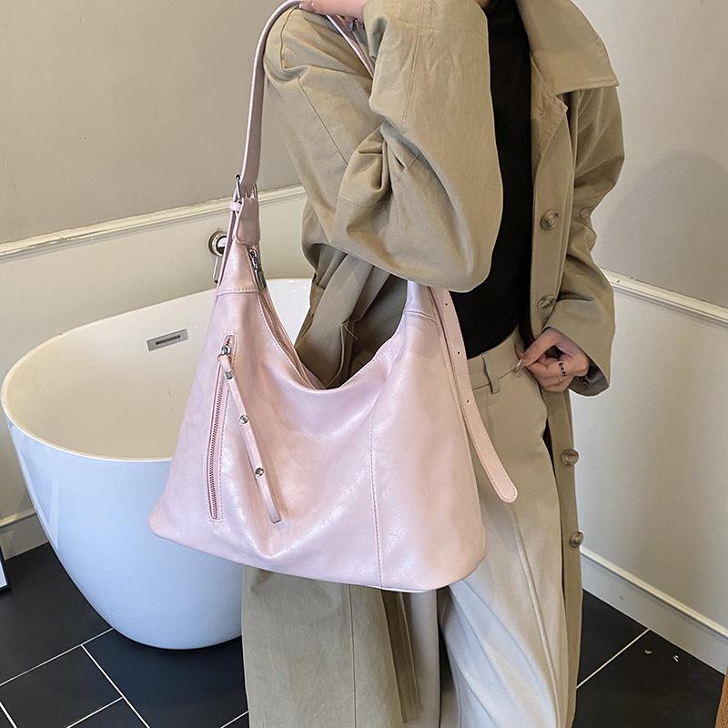 Vintage Simple Large Capacity Women's Shoulder Bag Korean Style Solid Color Casual Tote Bags Trendy PU Zipper Messenger Bags