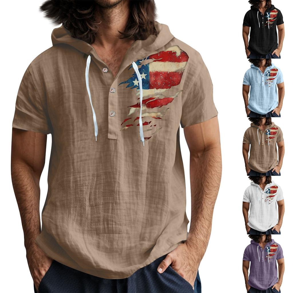 Pánské ležérní tričko s krátkým rukávem a kapucí, s rozhalenkou na knoflíky