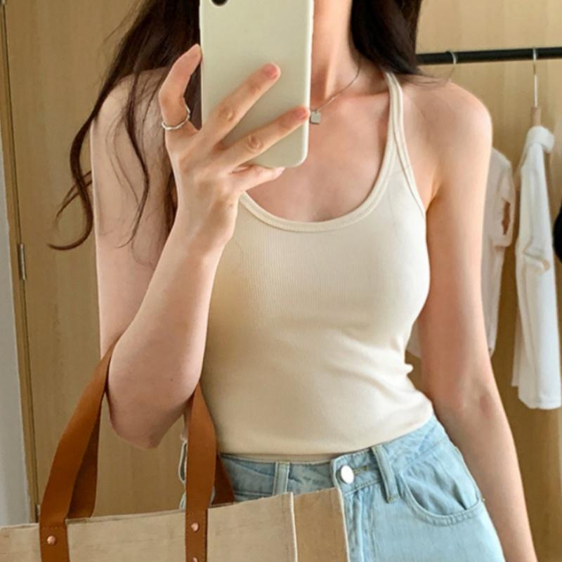 Estate Nuovo Colore Solido Semplice Canottiere da Donna Slim Casual Moda Top Femminile Albicocca Grigio Scuro Caffè Scuro Nero Canottiere