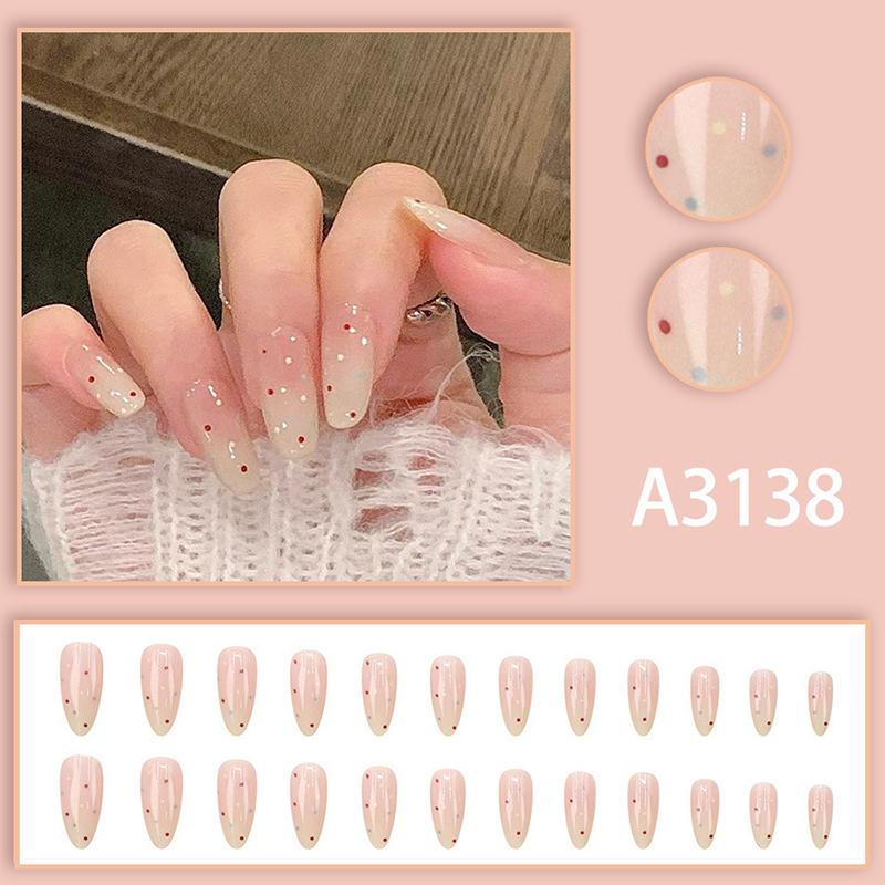 24Pcs Pink White Gradient Small Polka Dot False Nails With Jelly Adhesive Detachable Fake Fingernails Full Cover Press On Nails