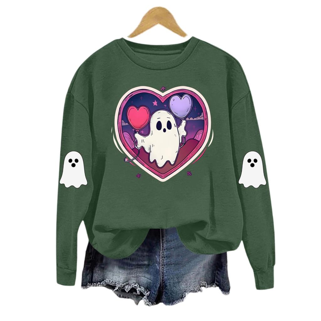 Damen Modisches Lässiges Langarm Halloween Bedrucktes Rundhals-Oberteil