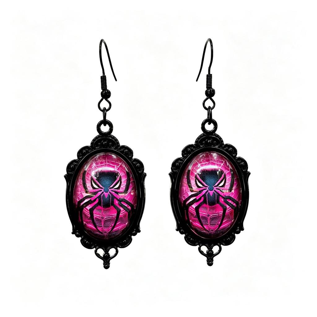 Halloween Gothic Spider Pendant Earrings with Time Gem