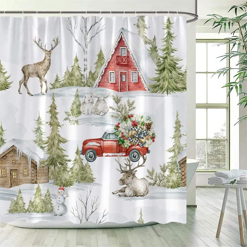Winter Snowy Forest Shower Curtains Pine Tree Deer Snowflake Xmas Christmas Holiday Rustic Farmhouse Bathroom Decor with Hooks