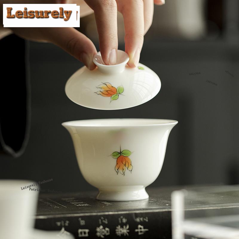 HOYIHM 111ml Imitation Song Dynasty High Foot Gaiwan Hand Drawn Finger Citron Flower  Tea Tureen Tea Maker Cover Bowl Tea Items