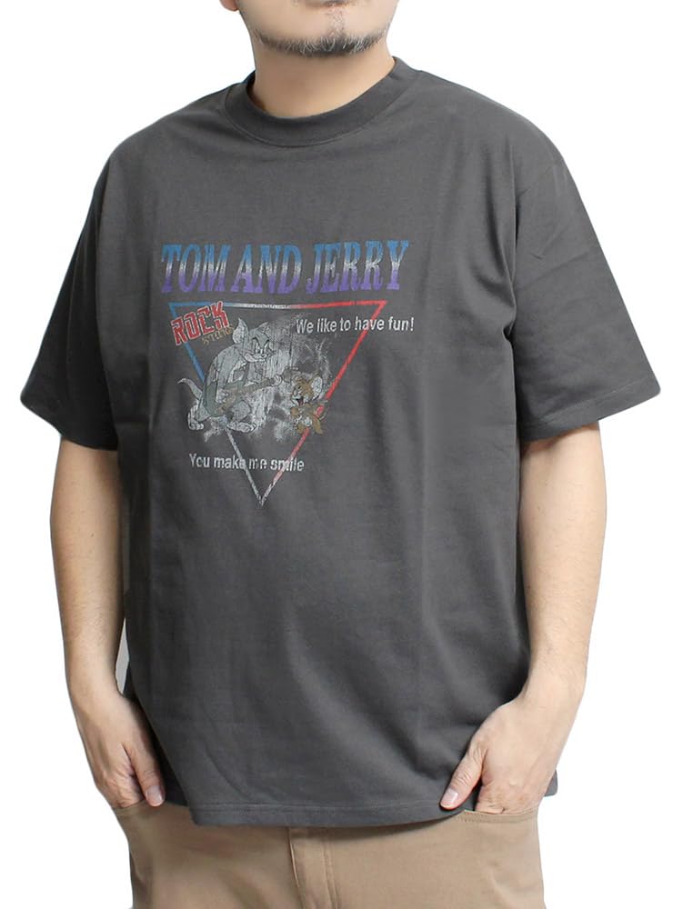 

One Colors TOM AND JERRY Men s Short Sleeve T-Shirt with Pigment Print, Crew Neck, Size 5L, Black (50)