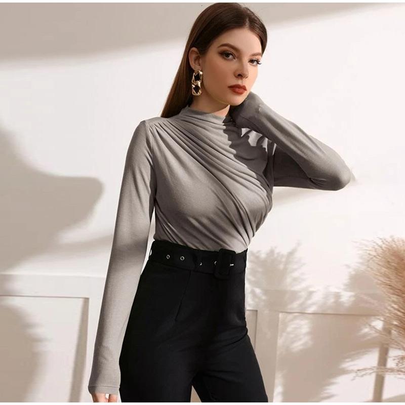 Blusas de otoño para mujer, de manga larga, elásticas, de color puro, para salir, fruncidas, elegantes, suaves y ajustadas, para mujer