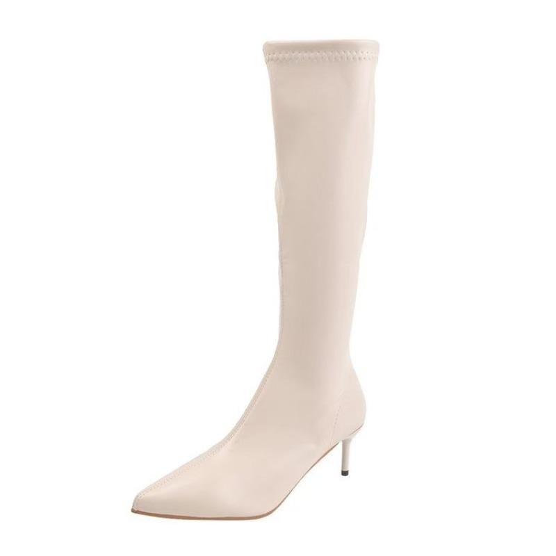 8CM Thin Heel White Long Boots For Ladies Back Zipper Pointy High Heels Mid-calf Boots Women Fashion Autumn Shoes Botas De Mujer