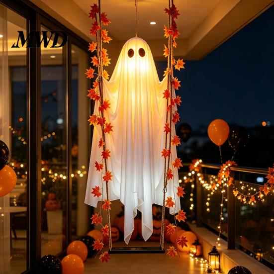 Outdoor Halloween Dekorationen Hängende Schaukel Geist, Leuchtender Schwingender Geist mit Ahornblatt Saisonale Gartenparty Ornamente Ranken Lichter Und Fernbedienung