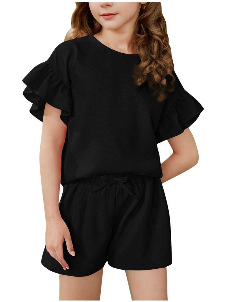 Girls' Summer Casual Set: Lightweight Solid-Color Casual Sports Top with Short Sleeves and Round Neck + Shorts (2-Piece Set)