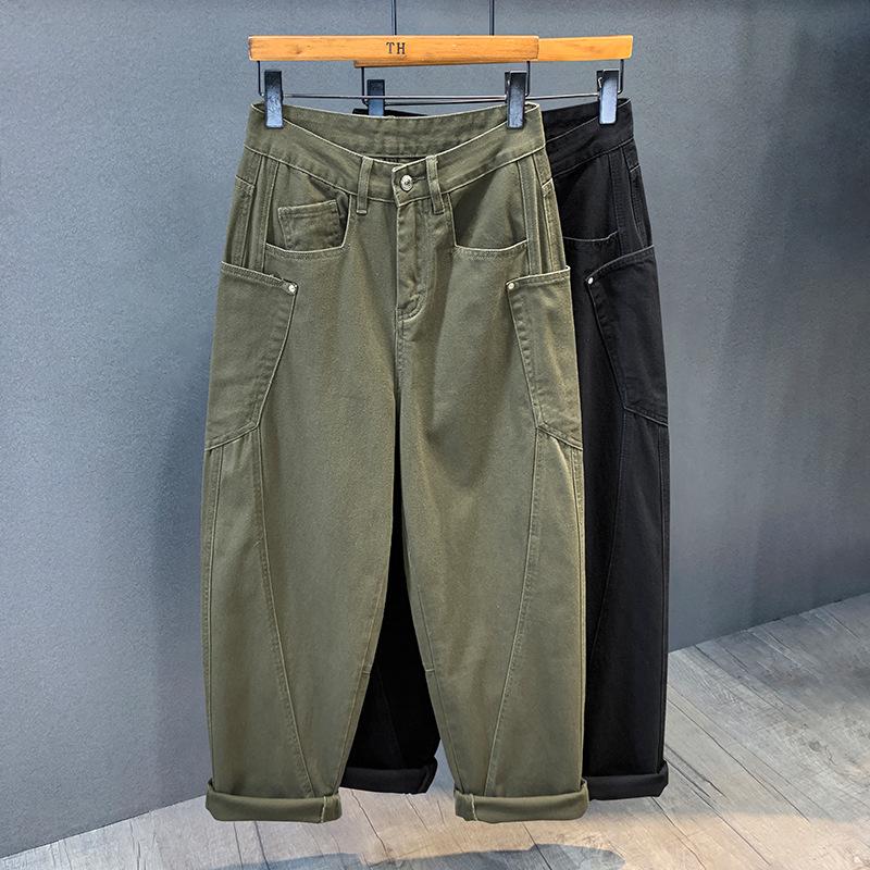Amerikanische trendige Marke armee grüne gerade Jeans Herren große Tasche Latzhose Herbst und Winter warm neu locker Säbelhose