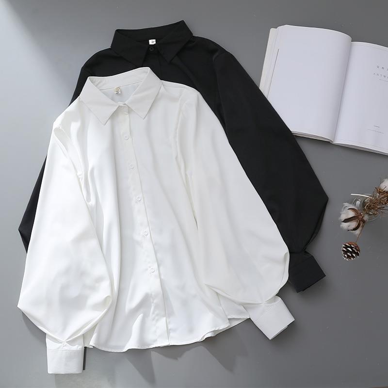 Blouses Women White Black Long Lantern Sleeve Office Lady Autumn Winter Basic Design Chic