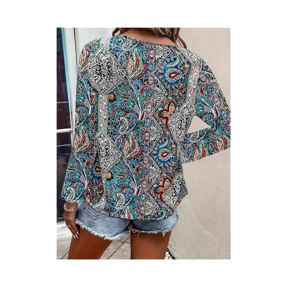 Women'S Bohemian Print V-Neck Long Sleeve Casual Blouses Shirts 1-Mixed Colors XL