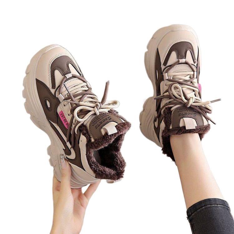 Women's Fleece-Lined Waterproof Leather Running Shoes - Lightweight, Non-Slip, Soft Thick Sole, Height-Boosting Winter Style