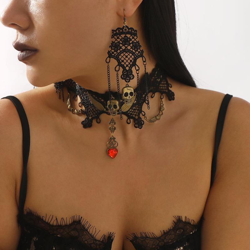 Retro Dark Lace Accessories Women, Exaggerated Personality Fringed Lace Skull Jewelry Set