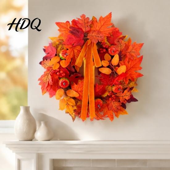 Thanksgiving Dekorationsgirlande für Eingang Herbst Ahornblatt Kürbis Kranz, Künstliche Beeren Ernte Türhänger Herbstlaub Veranda Thanksgiving,