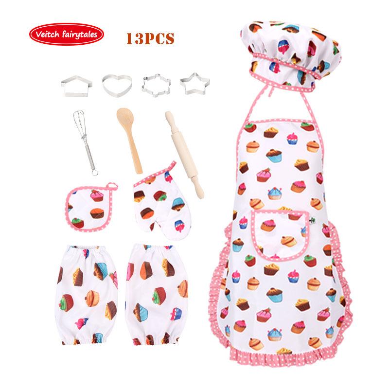 Kepimo rinkinys Vaikiškas mielas kepimo rinkinys Virtuvės žaislų rinkinys Priedai Prijuostė su virėjo kepure Orkaitės Pirštinės Puodo laikiklis Sausainių pjaustyklė kaip vaikų virtuvės dovana