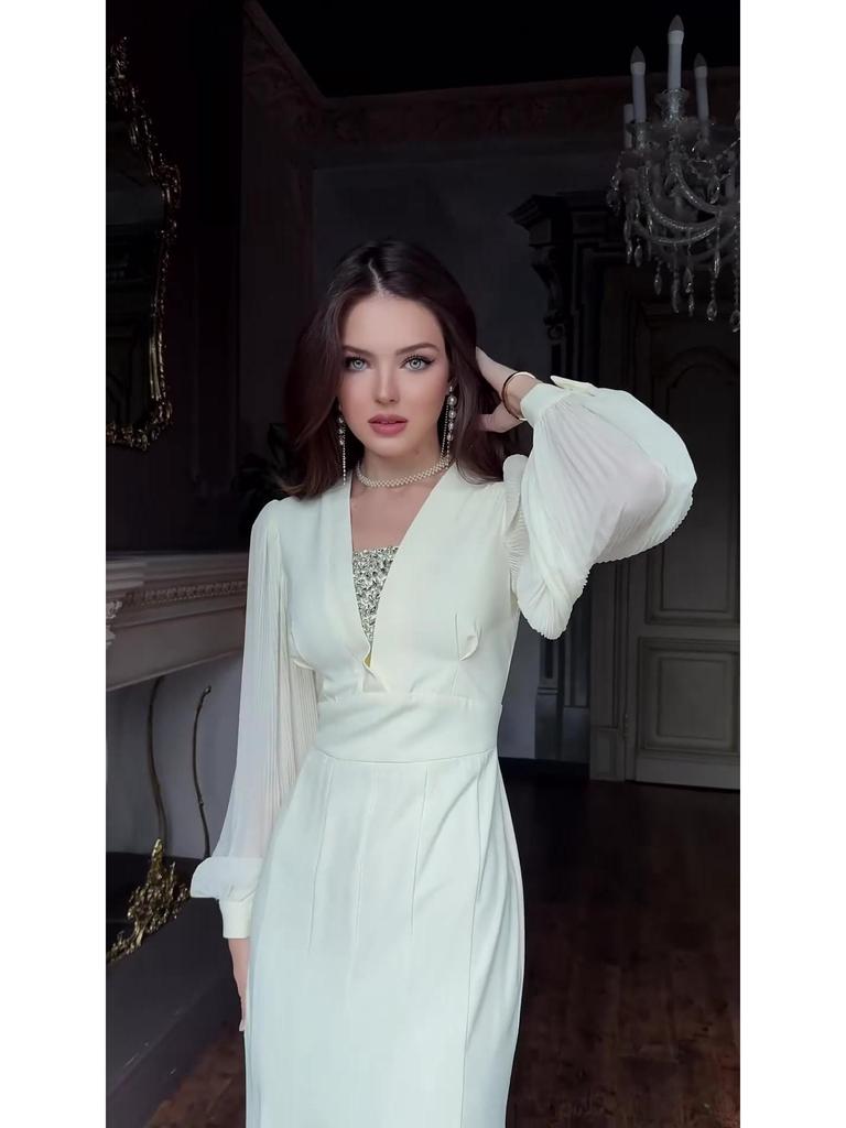 Retro-Langarmkleid Frühjahr 2025 - Damen Elegantes Europäisches und Amerikanisches Styling