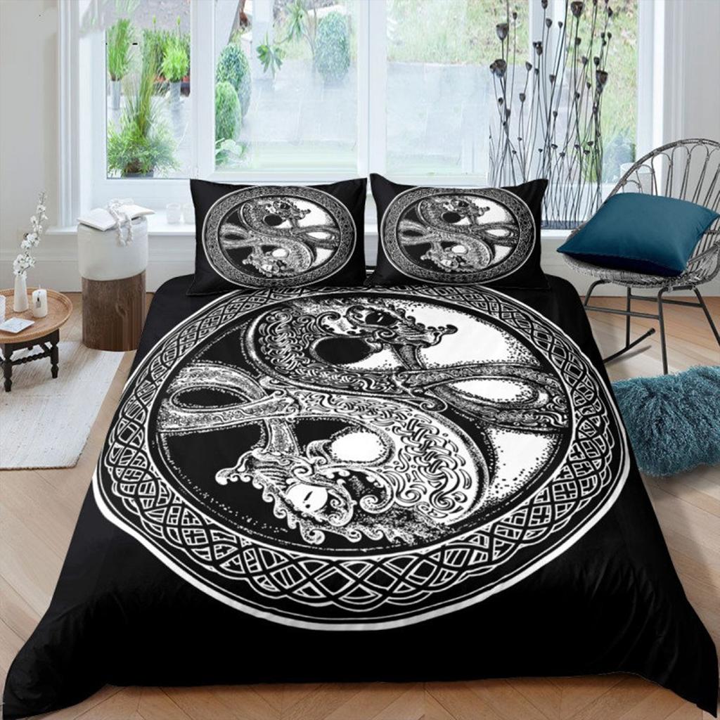 Black and White Yin Yang Duvet Cover Chinese Style Gossip Koi Couple Fish Mysterious Art Theme for Boy Girls Adult Bedroom Decor