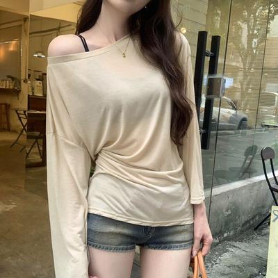 Sexy Thin See-through Long-sleeved Oversized T-shirt Women's Bandage Off The Shoulder Top Women's Basic Long T-shirt