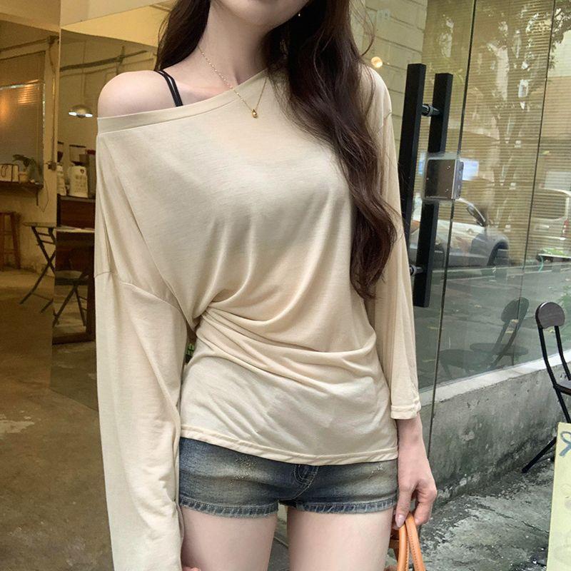 Sexy Thin See-through Long-sleeved Oversized T-shirt Women's Bandage Off The Shoulder Top Women's Basic Long T-shirt