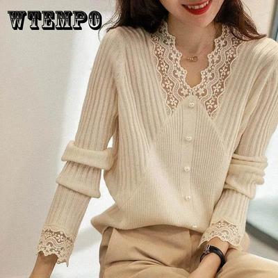 V-neck Bottoming Shirt with Spring and Autumn Thin Sweater Fashion All-match Top Lace Knitted Women's Sweater