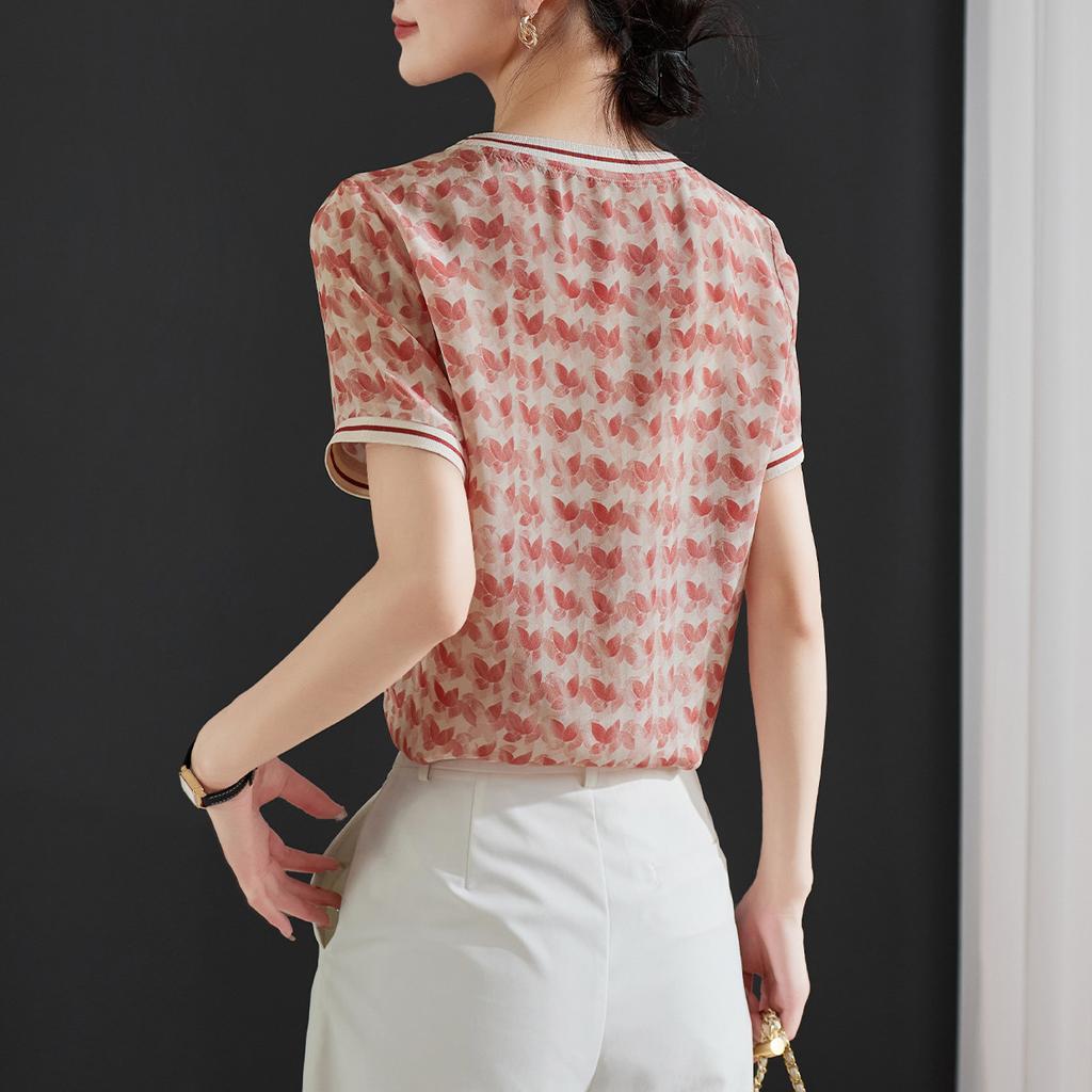 Women's 100% Mulberry Silk Printed Short-Sleeved Shirt