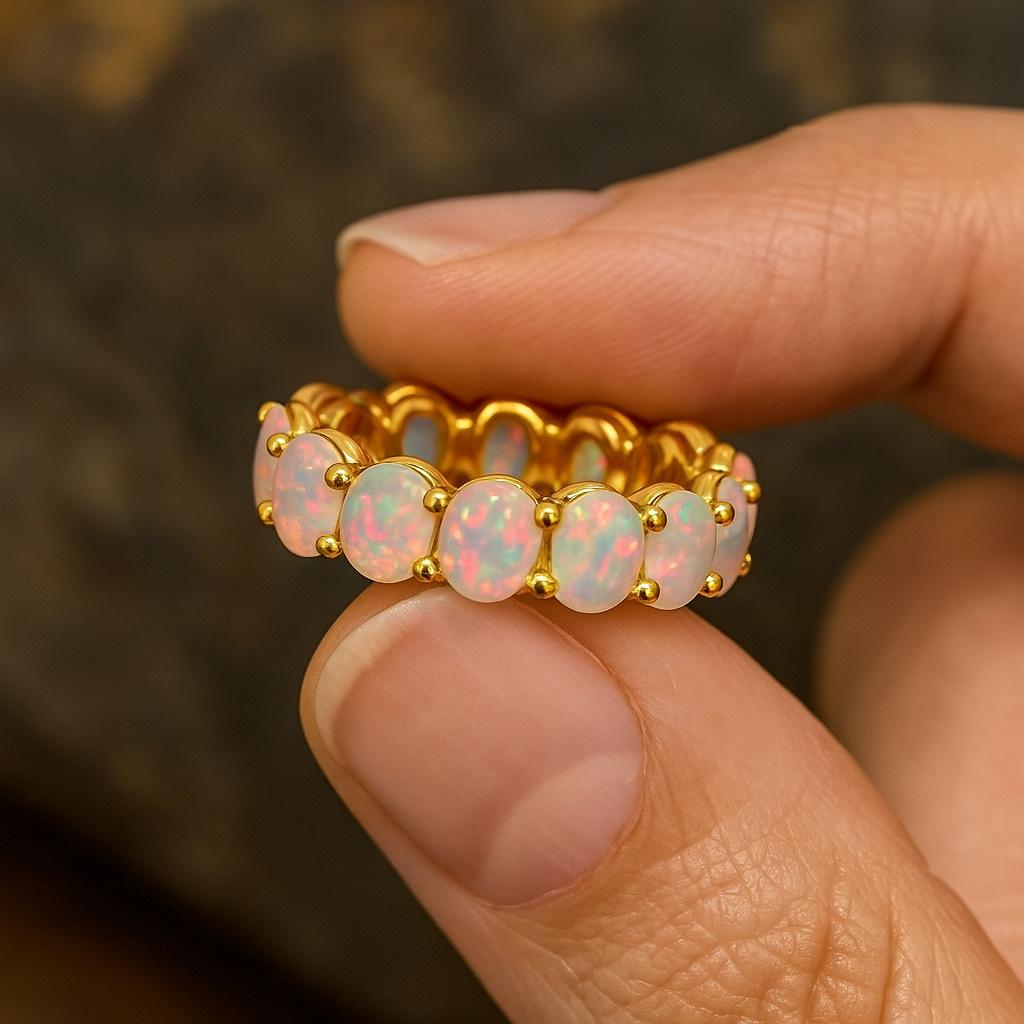 Ethiopian Opal Eternity Ring – 925 Sterling Silver Full Eternity Band, October Birthstone Ring, Handmade Proposal Ring, Personalized Gift for Her