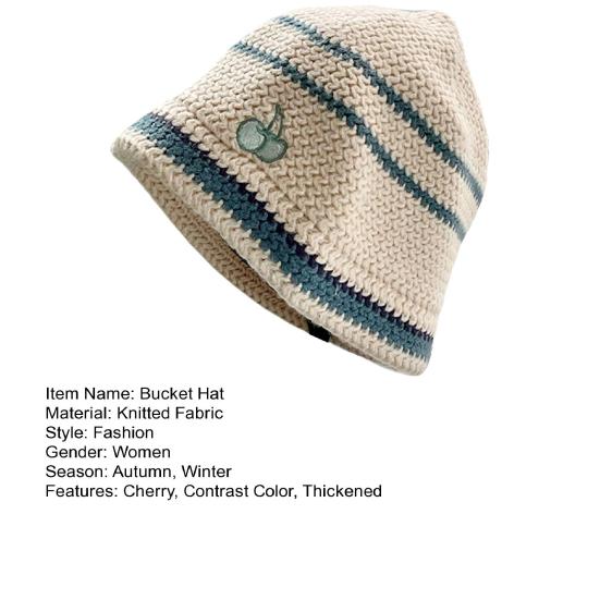 Women Bucket Hat Contrast Color Cherry Anti Deformation Windproof Autumn Winter Ear Protection Dome Fisherman Hat Outdoor Wear