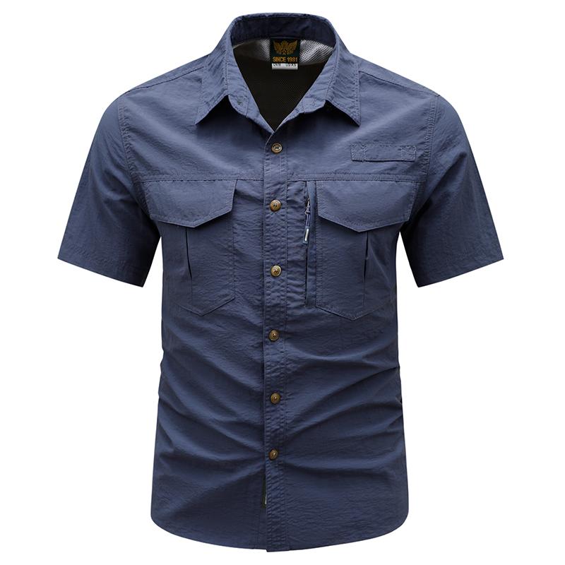 Summer Outdoor Casual Multi Pocket Workwear Short Sleeved Shirt, Outdoor Breathable Thin Shirt, Ice Silk Elastic Quick Drying Men's Shirt