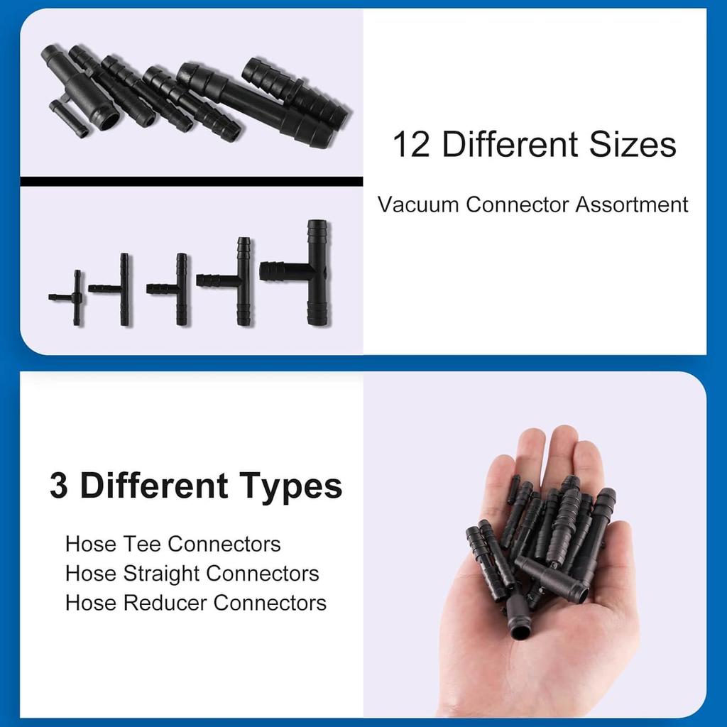 105PCS Automotive Vacuum Connector Assortment, 1/8" 3/16" 1/4" 5/16" 3/8" Vacuum Connector, Automotive Vacuum Tubing Connector, Vacuum Tee Connector,