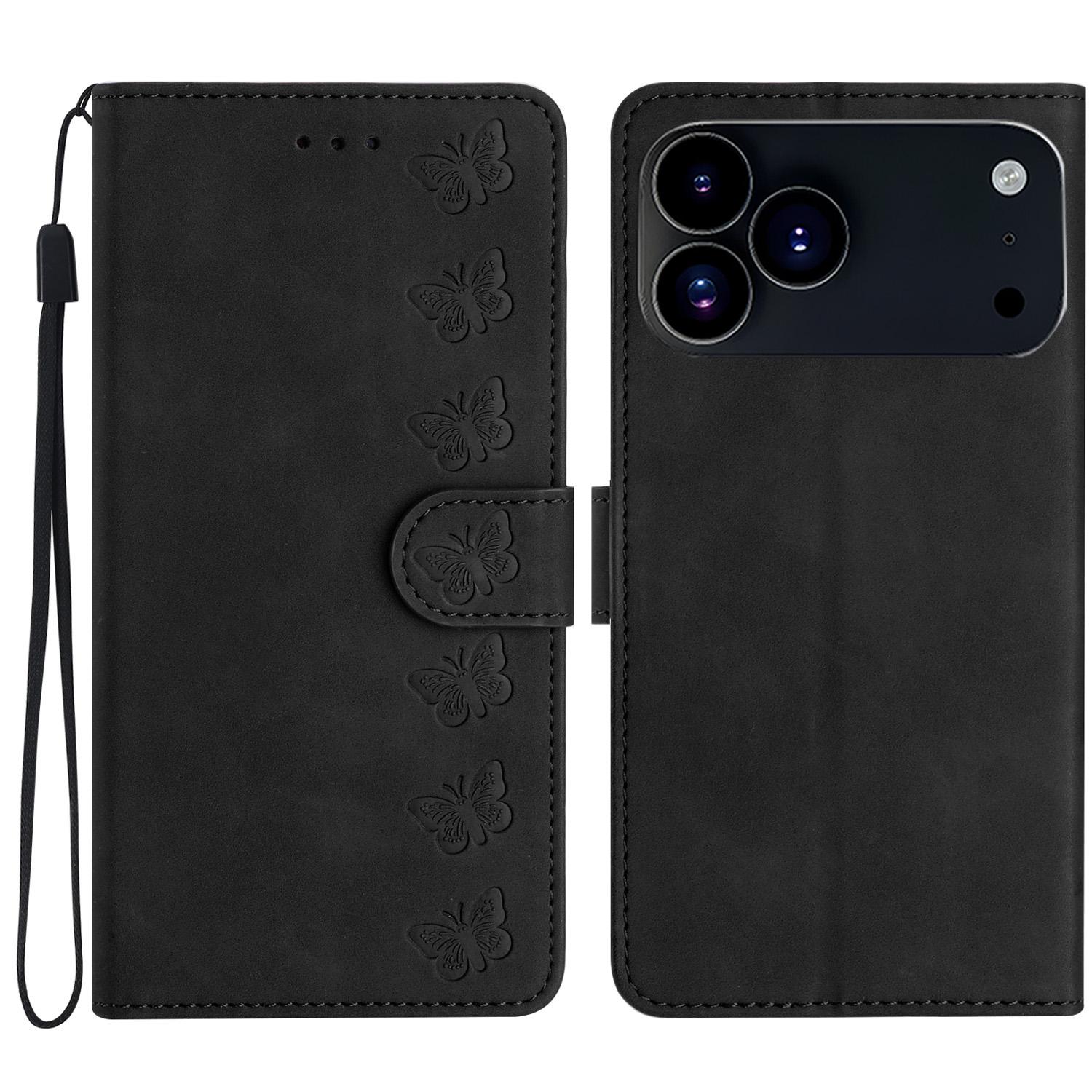 

For iPhone 17 Pro Max Case Imprinted Butterfly Leather Wallet Phone Cover with Hand Strap Black