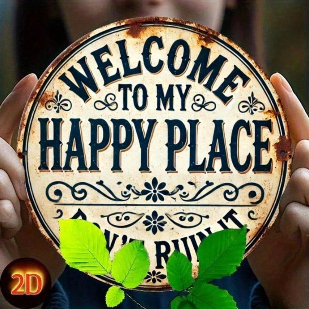 Vintage Style Happy Place Round Metal Sign Wall Art Home Decor Gift