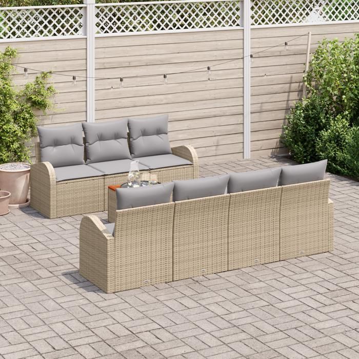 Ensemble de Canapés de Jardin 8 Pièces avec Coussins Beige Osier Acacia, Canapé de Jardin 2 Places avec Rangement et 3356208