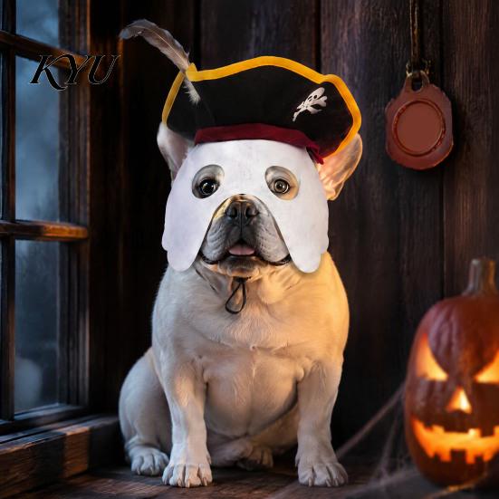 Costume for French Bulldogs Halloween Pet Pirate Hat, Black Hood with Feather, Funny Cat Cosplay Soft Breathable Headwear Hat Face Mask Dogs And Cats