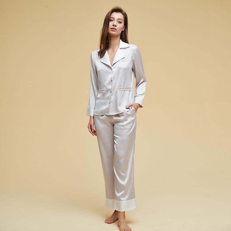 Autumn New Pajama Set Solid Color Satin Loose Loose Home Clothes Sexy Lapel Long-sleeved Cardigan Trousers Pajama Set