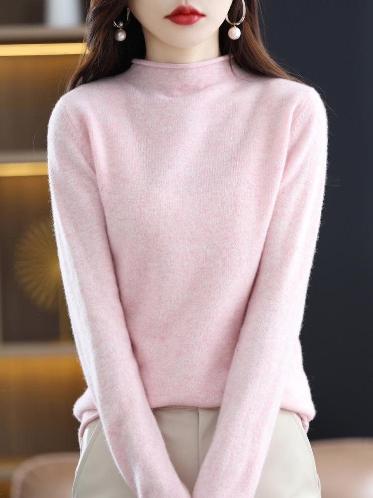 Women's Rolled Hem Half-High Neck 100% Wool Sweater - Stylish Autumn/Winter Base Layer