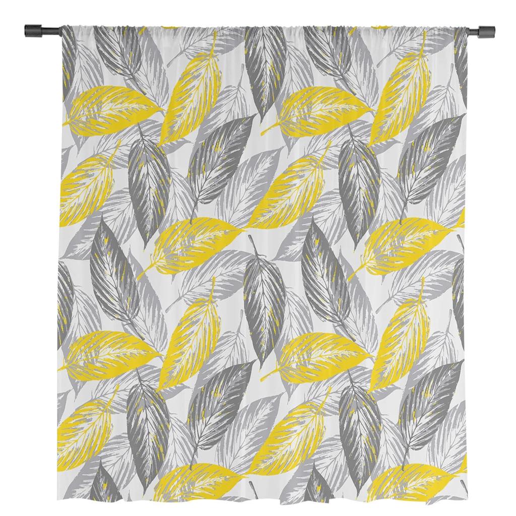Yellow-Gray Leaves Texture Sheer Curtains For Living Room Bedroom Tulle Curtain For Kitchen Voile Curtain Blind Panels