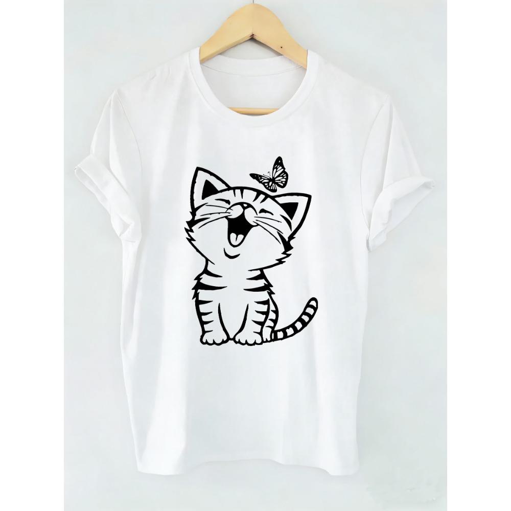 Graphic Cute Cat with Butterfly Print Retro Cat Funny T Shirts Men Women T-shirt Round Neck Short Sleeve Tee Shirt Cute