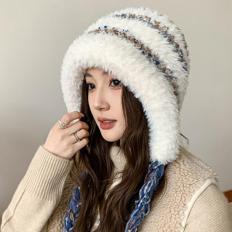 New Autumn And Winter Fluffy Earmuffs Warm Wool Hat For Women With Large Head Circumference Cold-Proof All-Match Knitted Hat