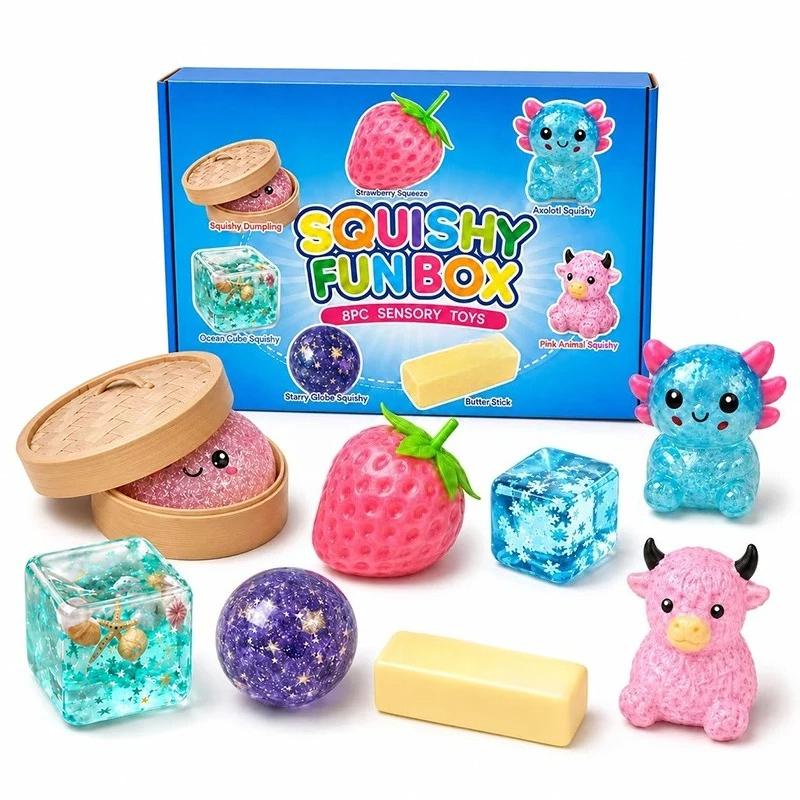8-Piece Mystery Box Set Slow-Rising Stress Relief Fidget Sensory Squishy Bundle with 8 Unique Styles for Stress Relief Gift