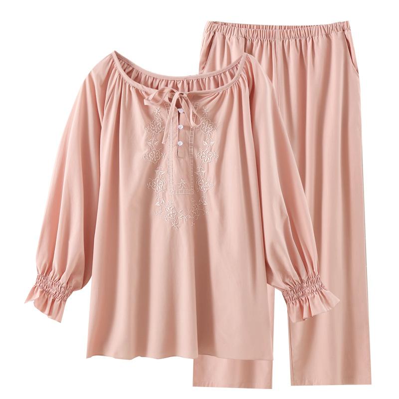 Middle-aged mother Tencel cotton pajamas women's spring and autumn thin national style embroidery long-sleeved loose large-size loungewear can be