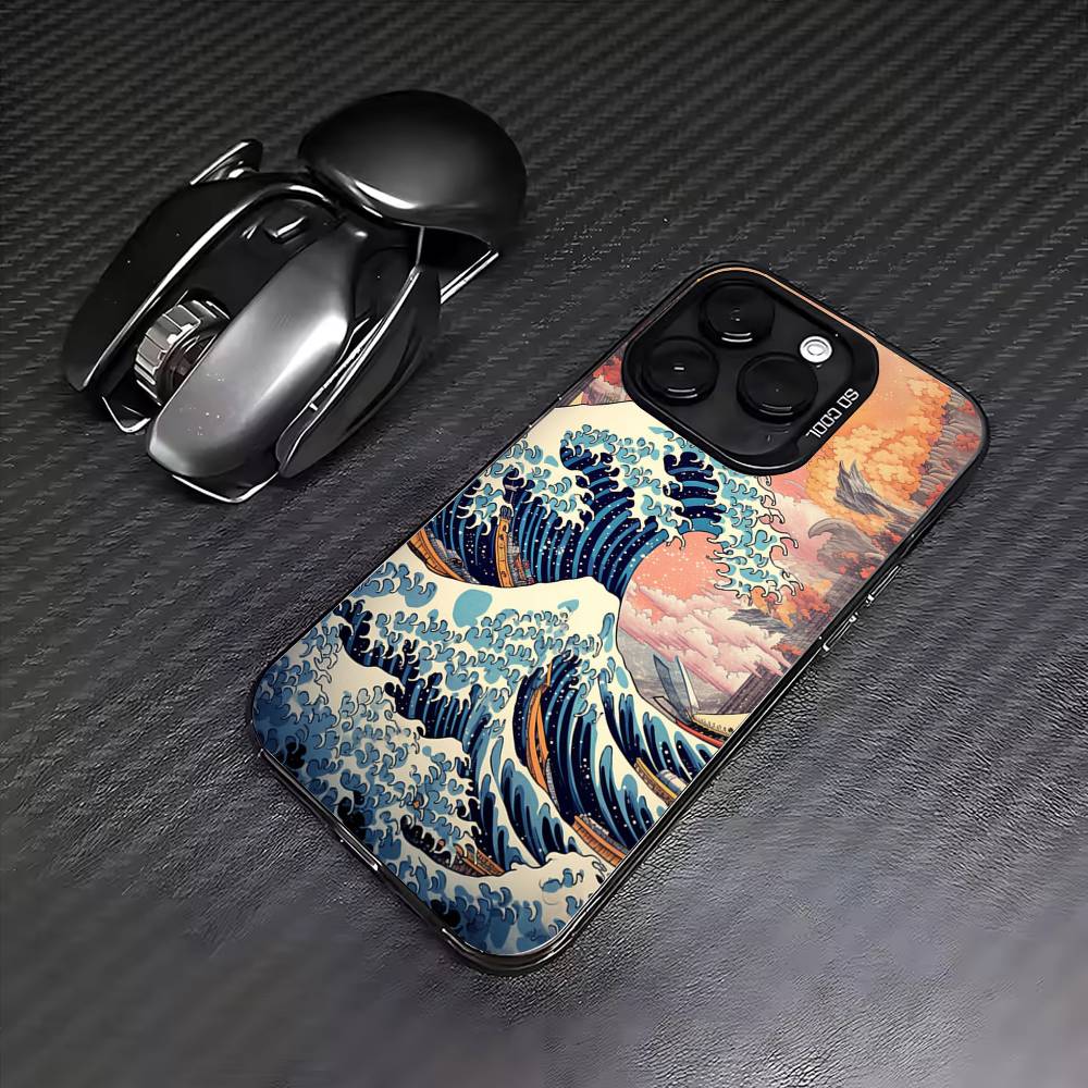 Japanese Ukiyo-e Ocean Waves Phone Case For iPhone17,16,15,14,13,12,11 Plus,Pro Max Colored Silver Plated Inside Cover