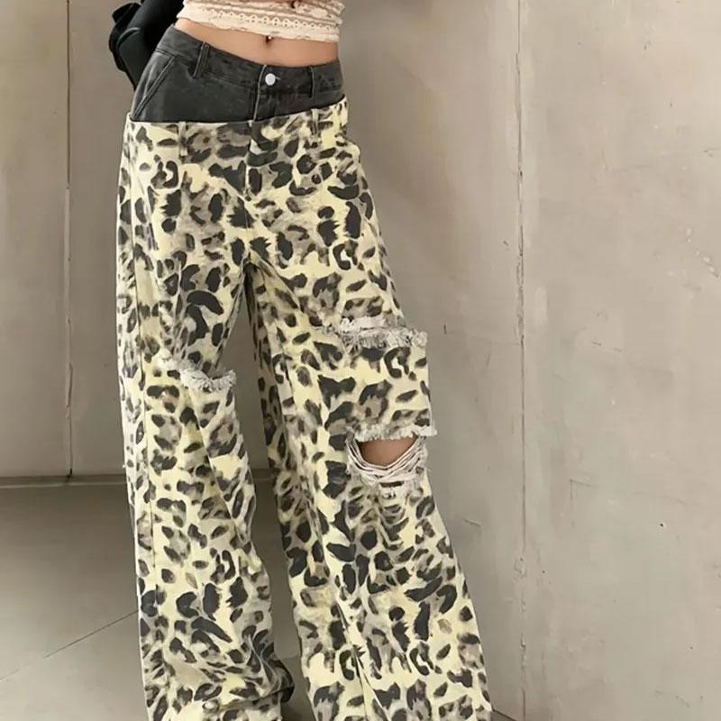 Hotsweet Leopard Printed Patchwork Trousers Female Clothing Fashionable Ripped Spring Autumn American High Waist Wide Leg Jeans