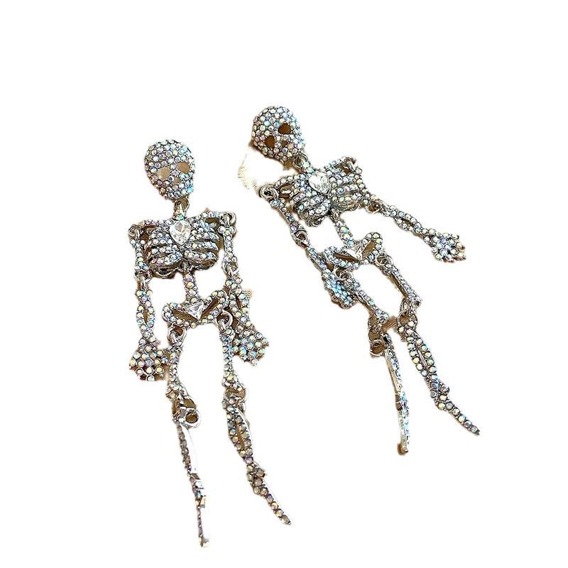 Przesadne Kolczyki Szkielet Czaszki z Diamentami dla Kobiet - Modna Biżuteria na Halloween