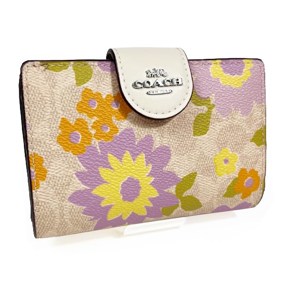 Coach CBO30 Medium Corner Zip Signature Floral Sand Wallet, Canvas, Print, Multi, SV/SAS, Women's [Outlet Item]
