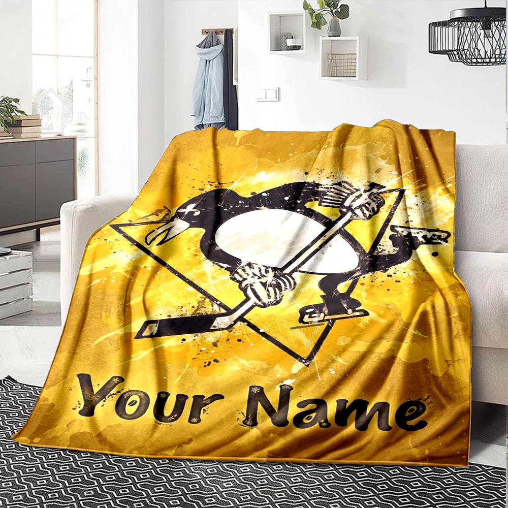 Name Custom Pittsburgh Penguins Logo Print Flannel Blanket High Quality Warm Comfortable Cover for All Seasons Perfect for Gifts Home Decor